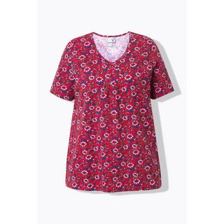 Ulla Popken  T-shirt dal taglio svasato con fiori, scollatura a V e mezze maniche 