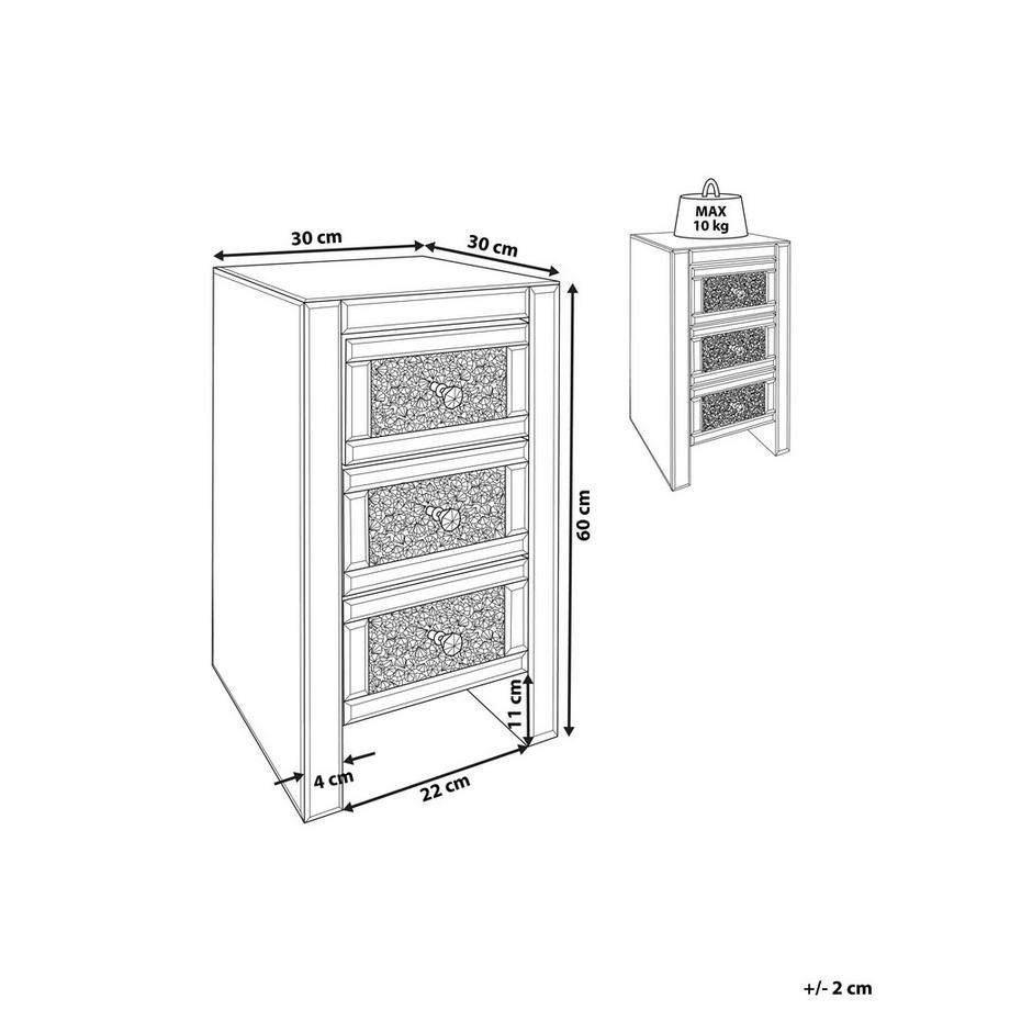 Beliani Comodino 3 cassetto en Vetro Glamour LORAY  