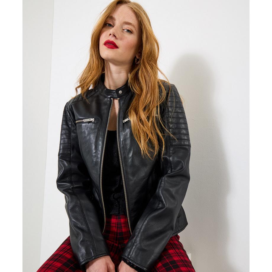 Klassische Bikerjacke mit gesteppten Lederärmeln