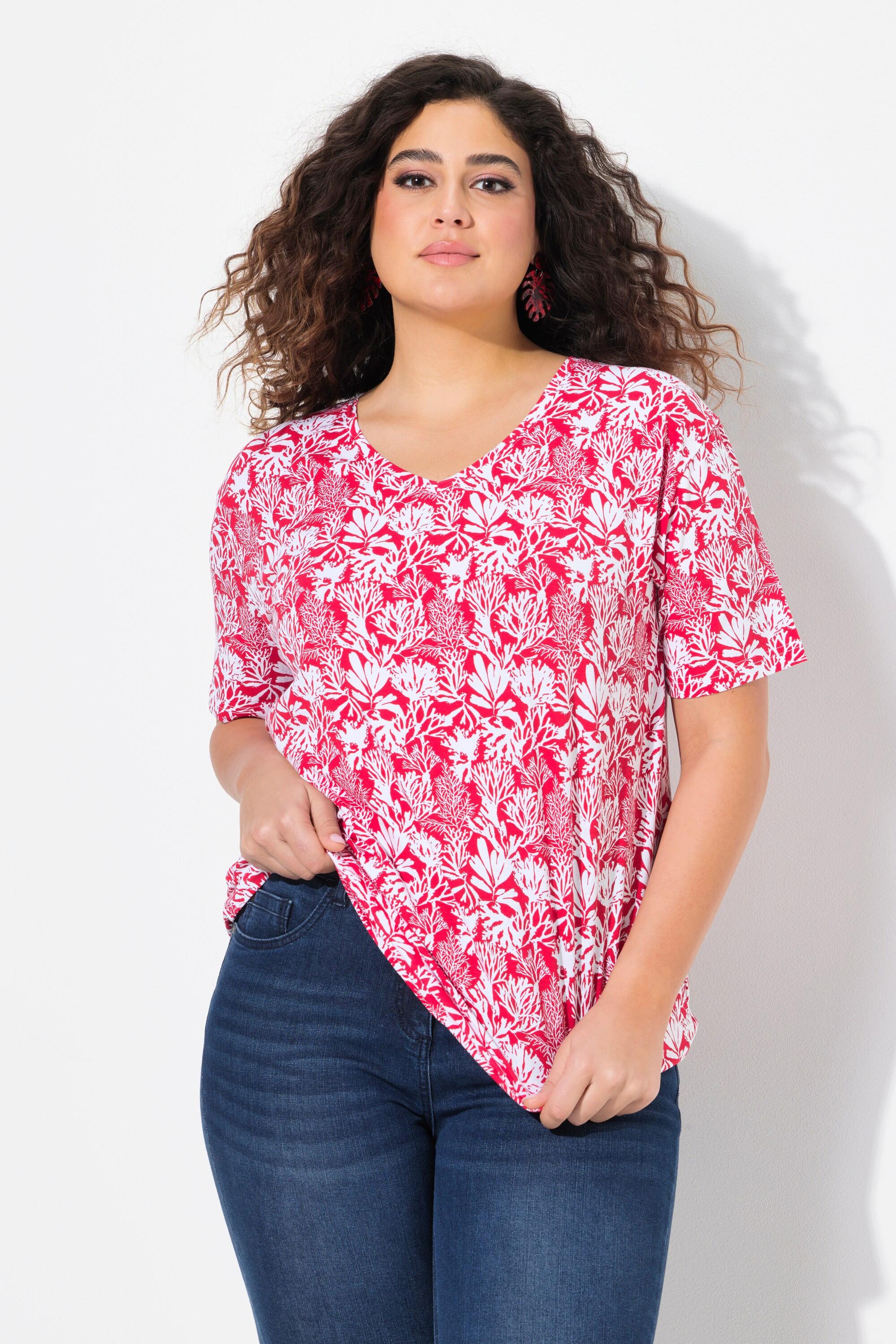 Ulla Popken T-Shirt Stampa Floreale Scollo a V Mezza Manica Taglio ad A  