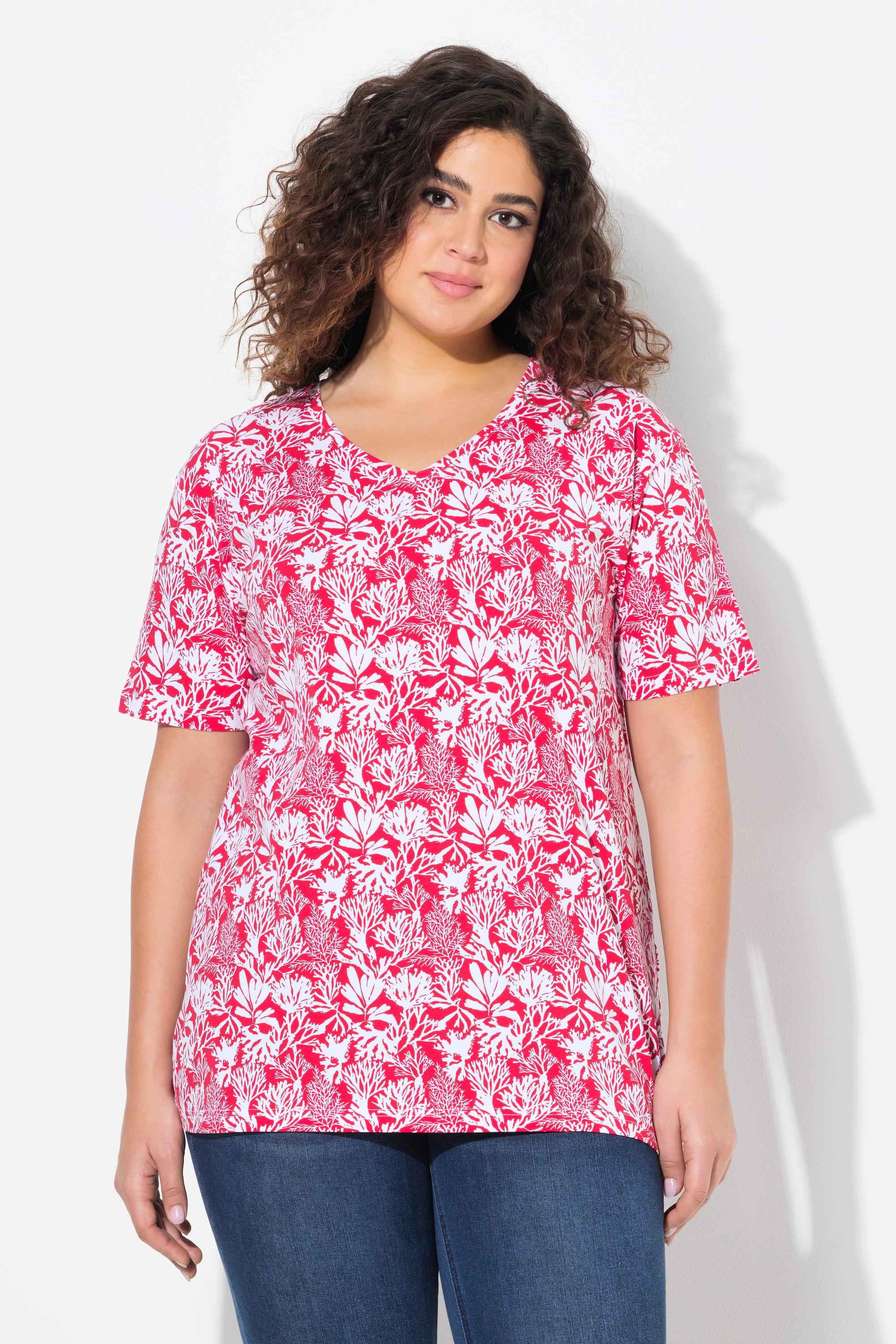 Ulla Popken T-Shirt Stampa Floreale Scollo a V Mezza Manica Taglio ad A  