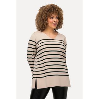 Ulla Popken  Maglione a righe con collo polo, scollo a V e maniche lunghe 