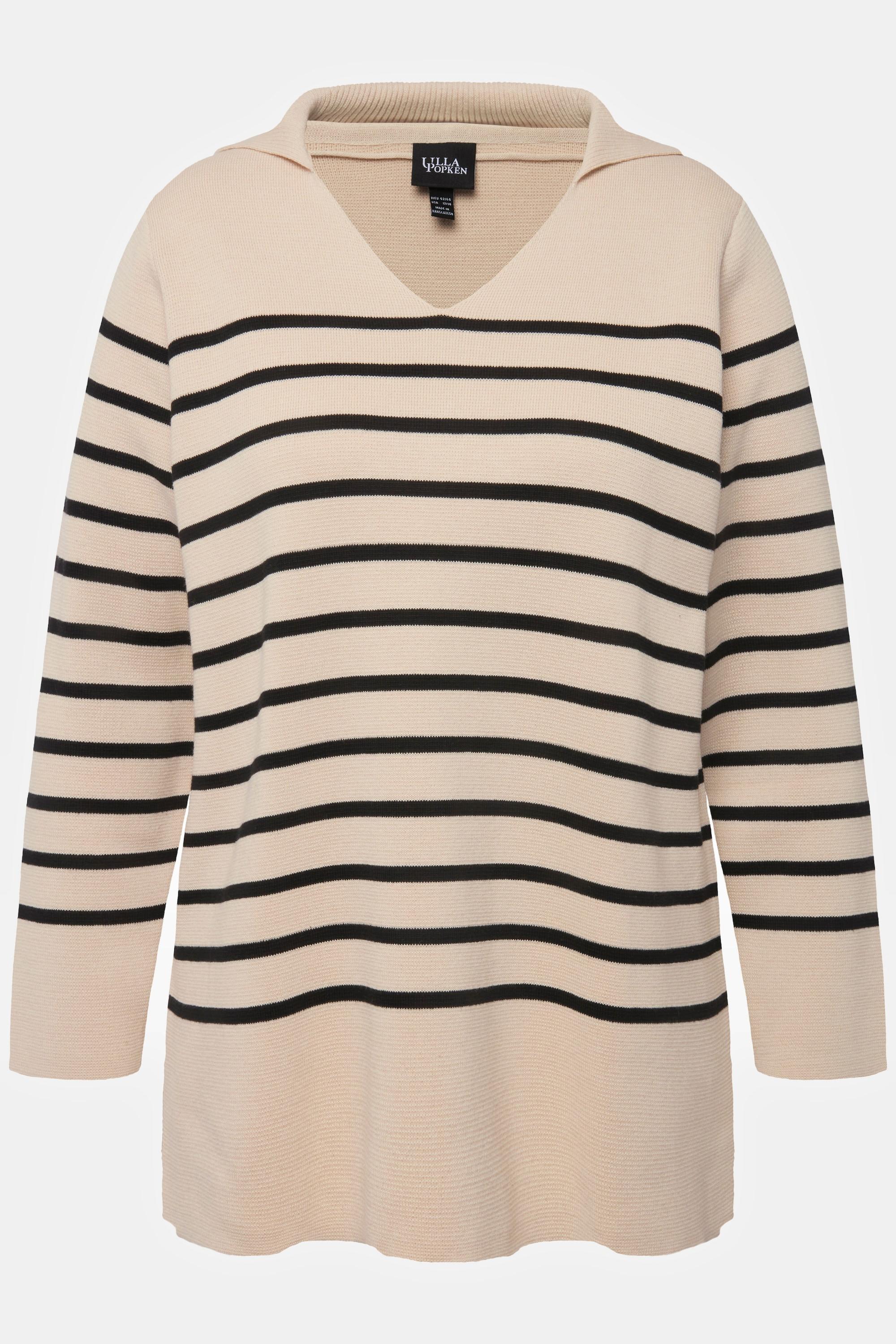 Ulla Popken  Maglione a righe con collo polo, scollo a V e maniche lunghe 