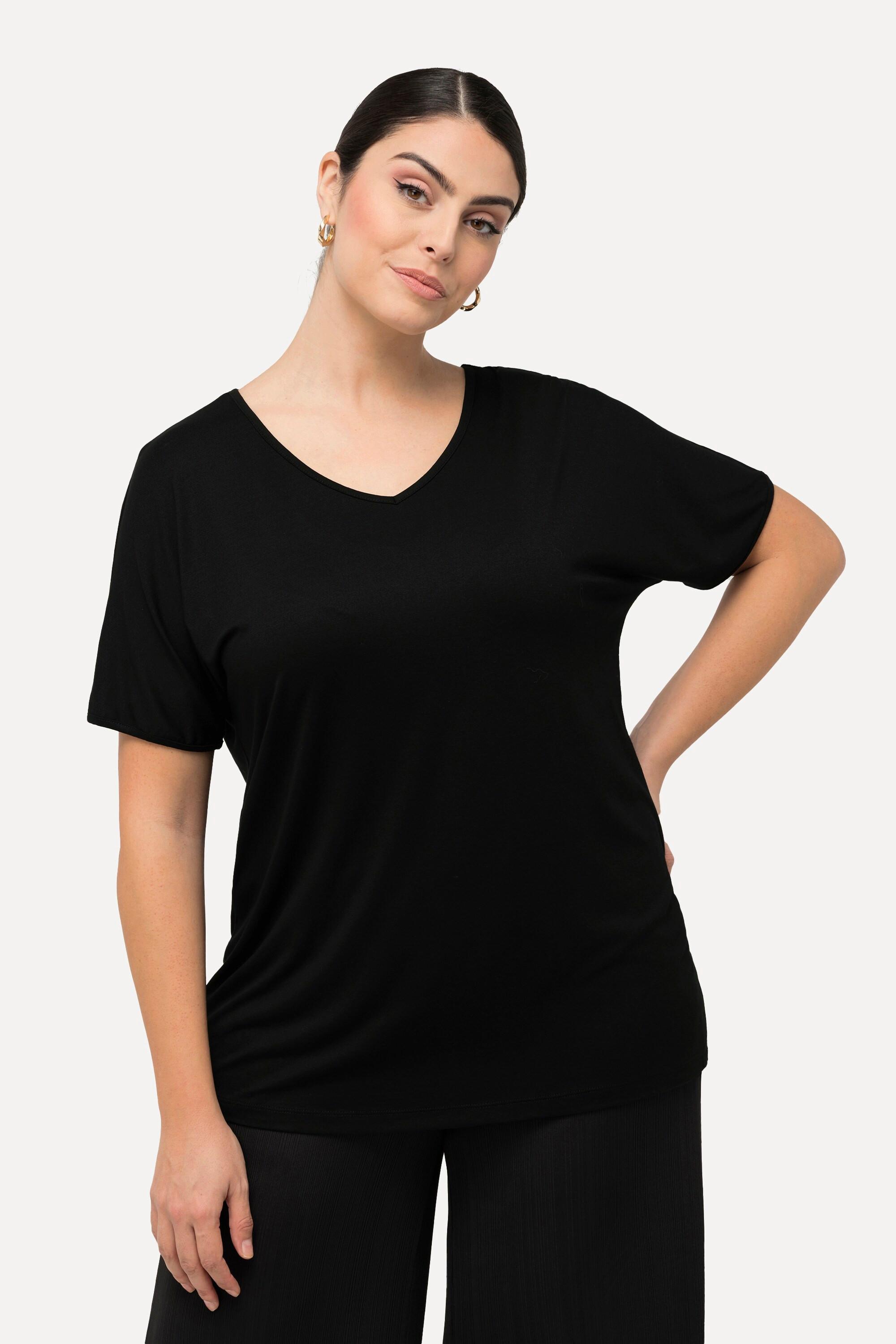 Ulla Popken  T-Shirt, Rücken-Cut-Out, Zierringe, V-Ausschnitt, Halbarm 