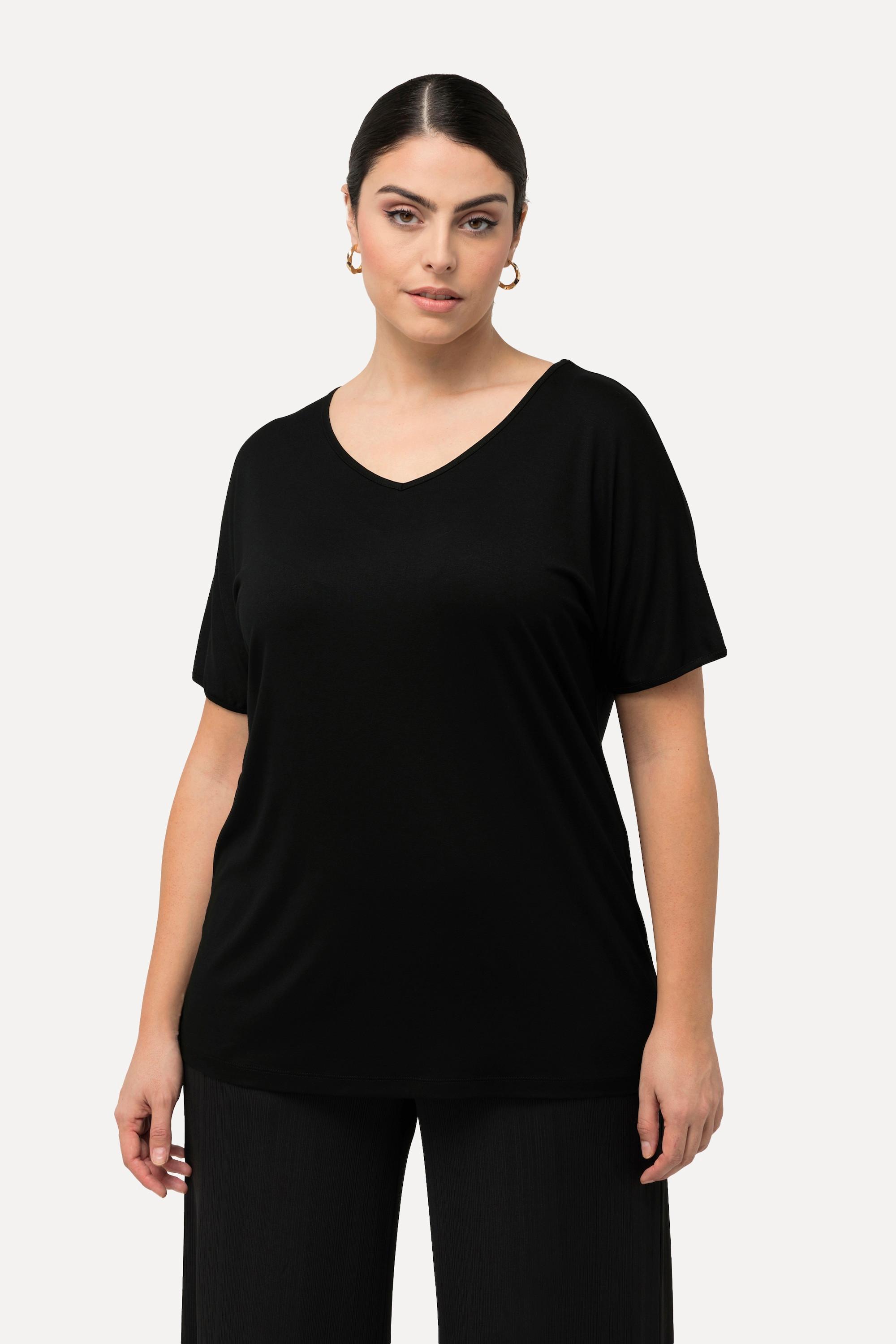 Ulla Popken  T-Shirt, Rücken-Cut-Out, Zierringe, V-Ausschnitt, Halbarm 