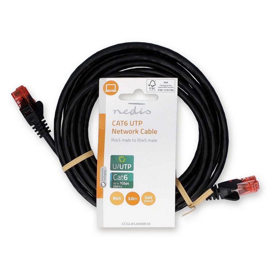 Nedis  Câble réseau CAT6 | RJ45 mâle | RJ45 mâle | U/UTP | 3.00 m | Rond | PVC | Noir | Label 