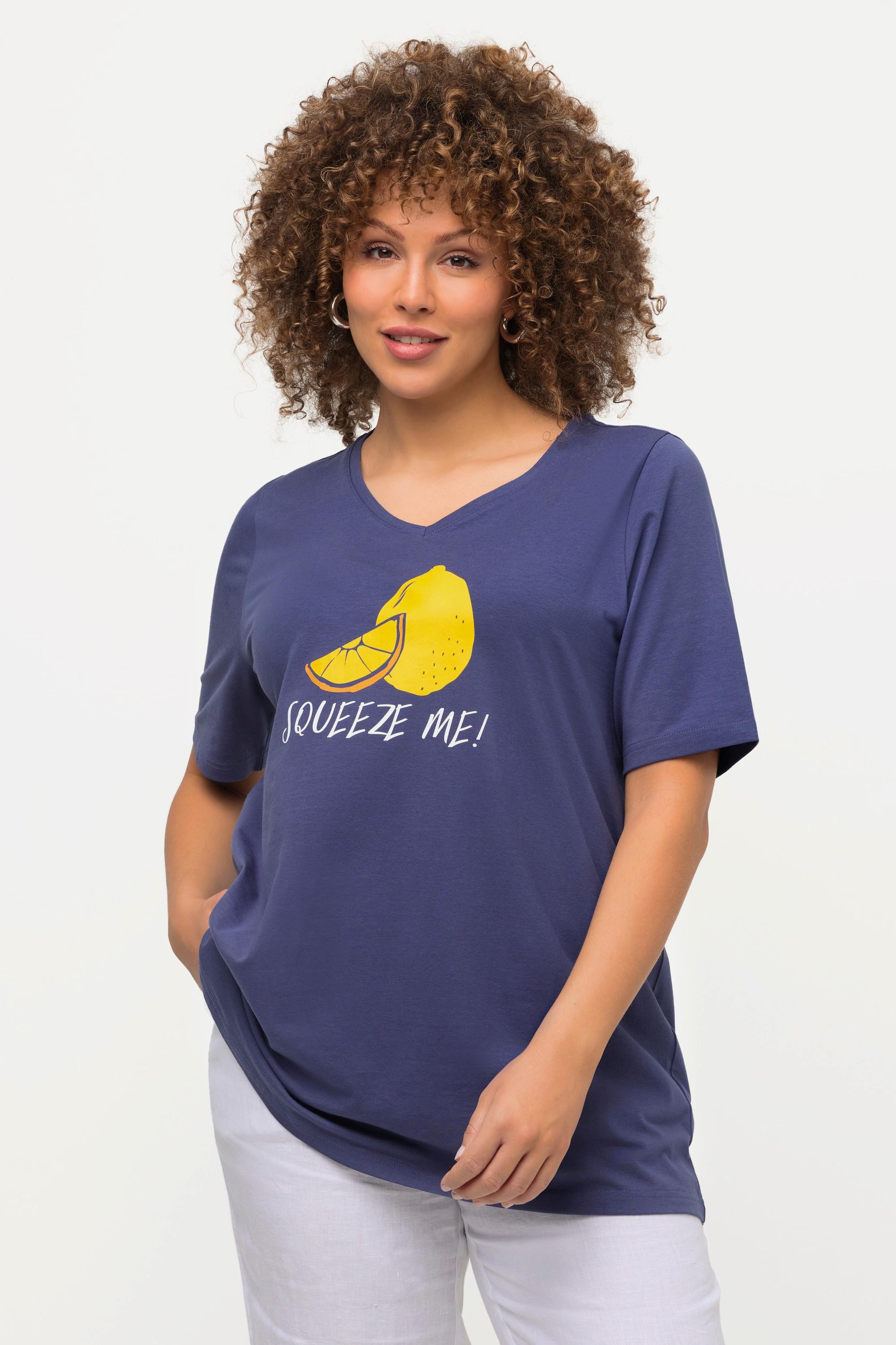 Ulla Popken  T-shirt dal taglio svasato con limoni, scollo a V e mezze maniche 