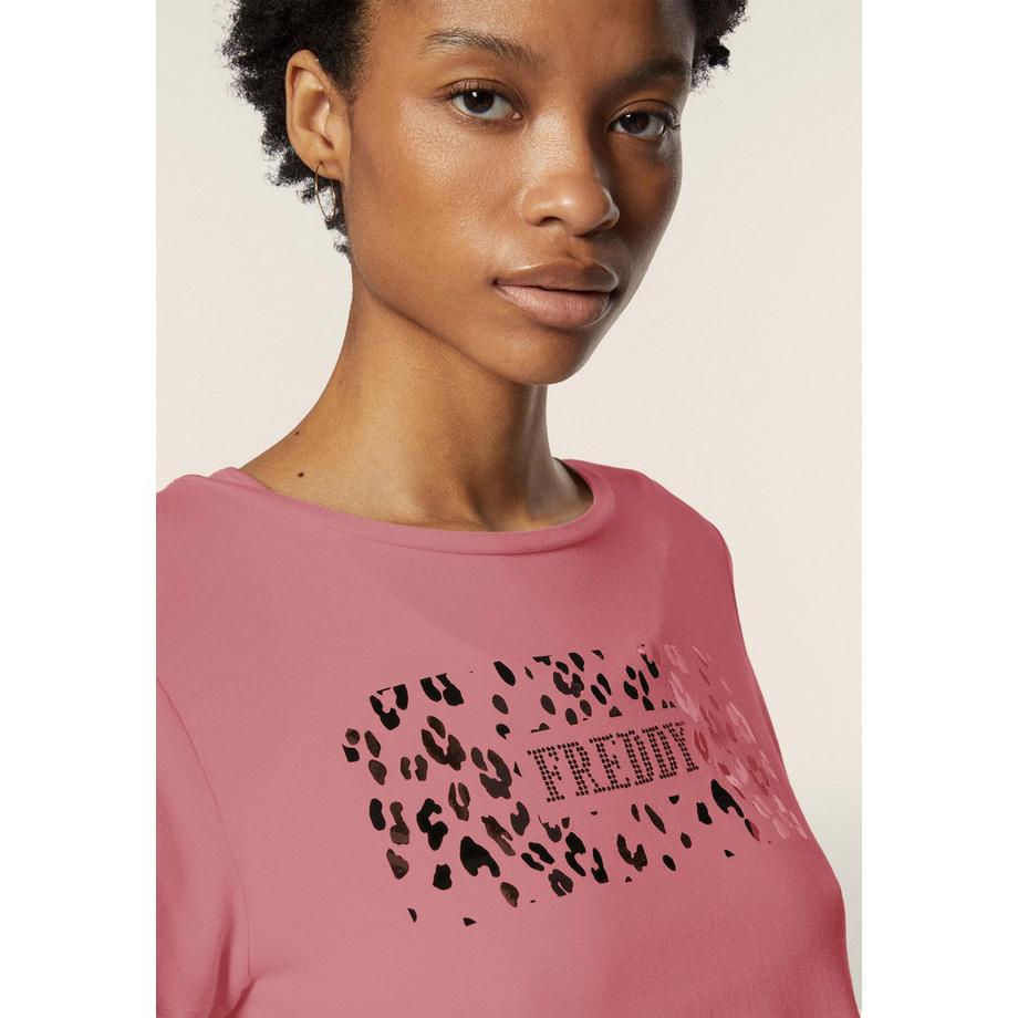 FREDDY T-Shirt Maniche Corte Logo Stampa Leopardata  