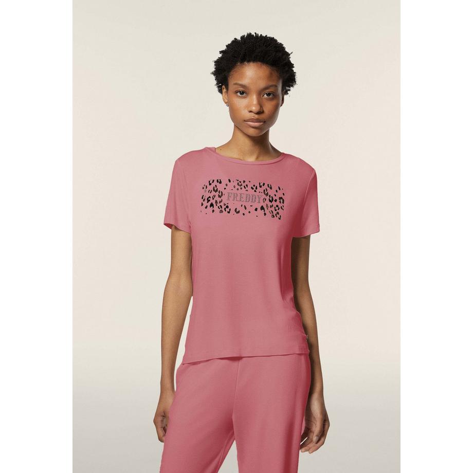 FREDDY T-Shirt Maniche Corte Logo Stampa Leopardata  