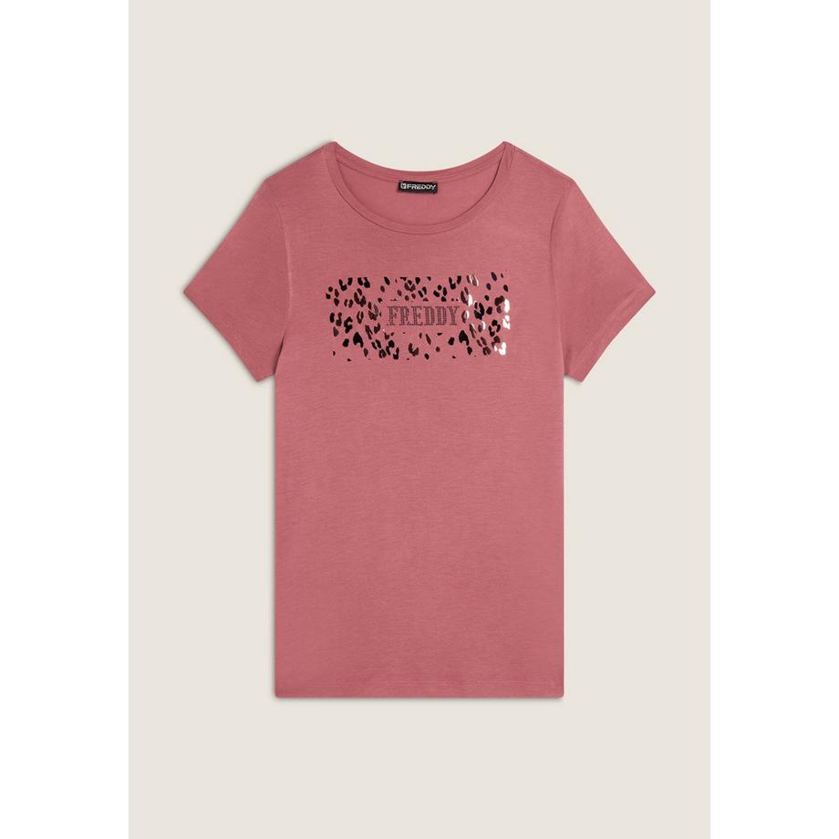 FREDDY T-Shirt Maniche Corte Logo Stampa Leopardata  