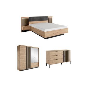 Set letto con comodini 160 x 200 cm + Comò Armadio Naturale e Nero - ARIADA