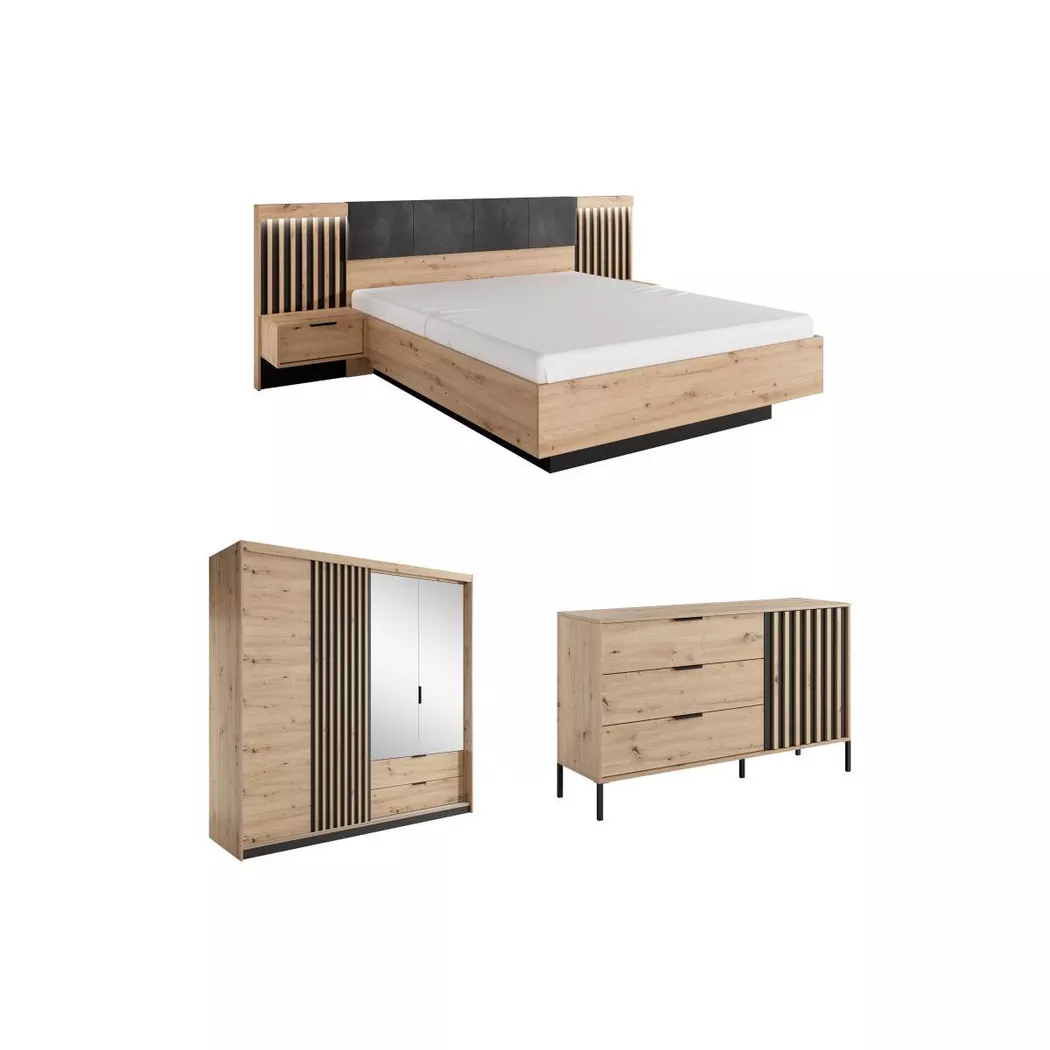 Vente-unique - Schlafzimmer-Set - Bett mit Nachttischen - 160 x 200 cm + Kommode + Kleiderschrank - Holzfarben & Schwarz - ARIADA, 160X200CM