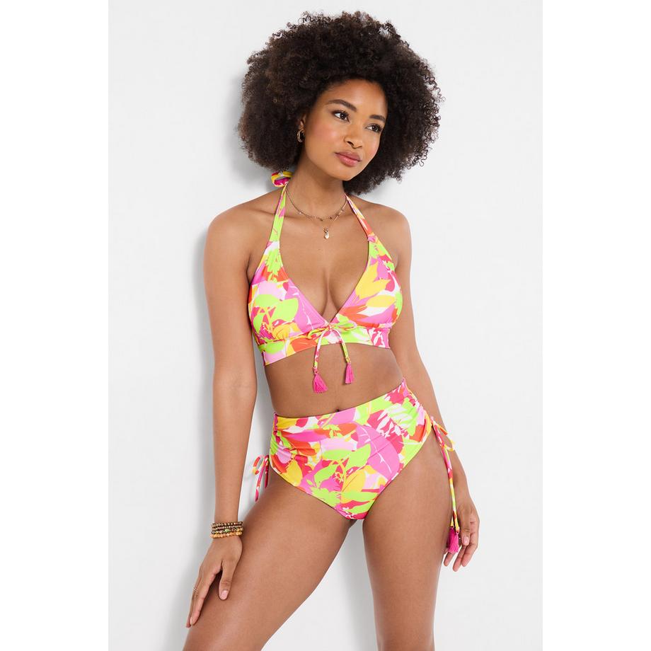 Culotte Bain Taille Haute Imprimé Feuilles Tropicales avec Lien à Pampilles