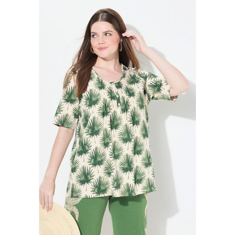 Ulla Popken T-shirt Palmiers Coupe A-ligne Col Rond Manches Courtes  