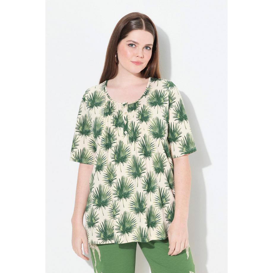 Ulla Popken T-shirt Palmiers Coupe A-ligne Col Rond Manches Courtes  