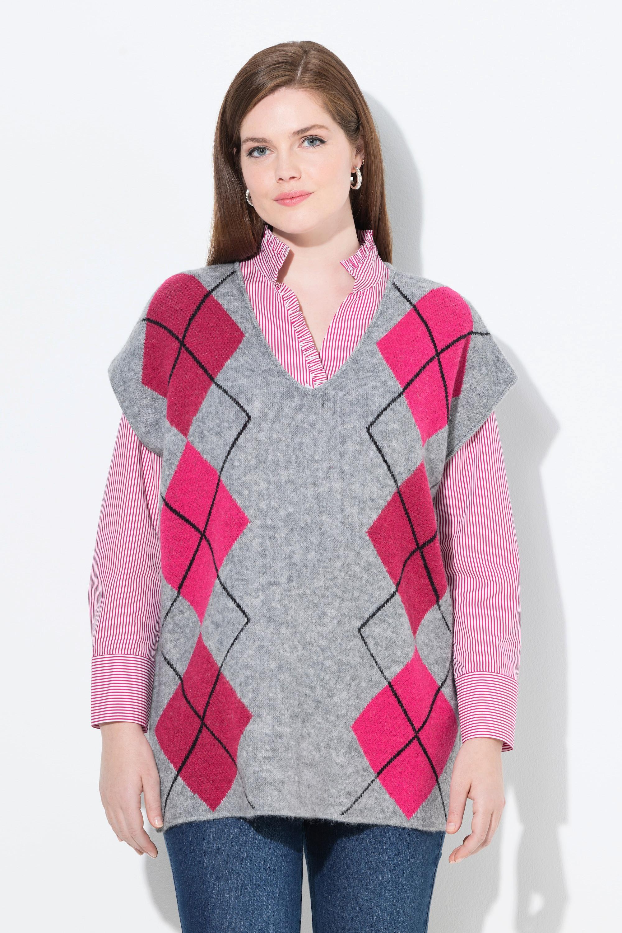 Ulla Popken Gilet smanicato scollo a V motivo Argyle con spacchetti laterali  