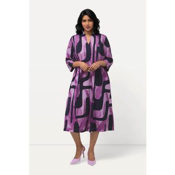 Robe midi point de Rome, manches 3/4, col calice et décolleté en V