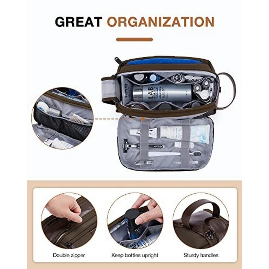 Only-bags.store  Trousse de toilette, organisateur de culture de voyage en cuir, kit Dopp, sac de rasage étanche pour accessoires de culture, marron 