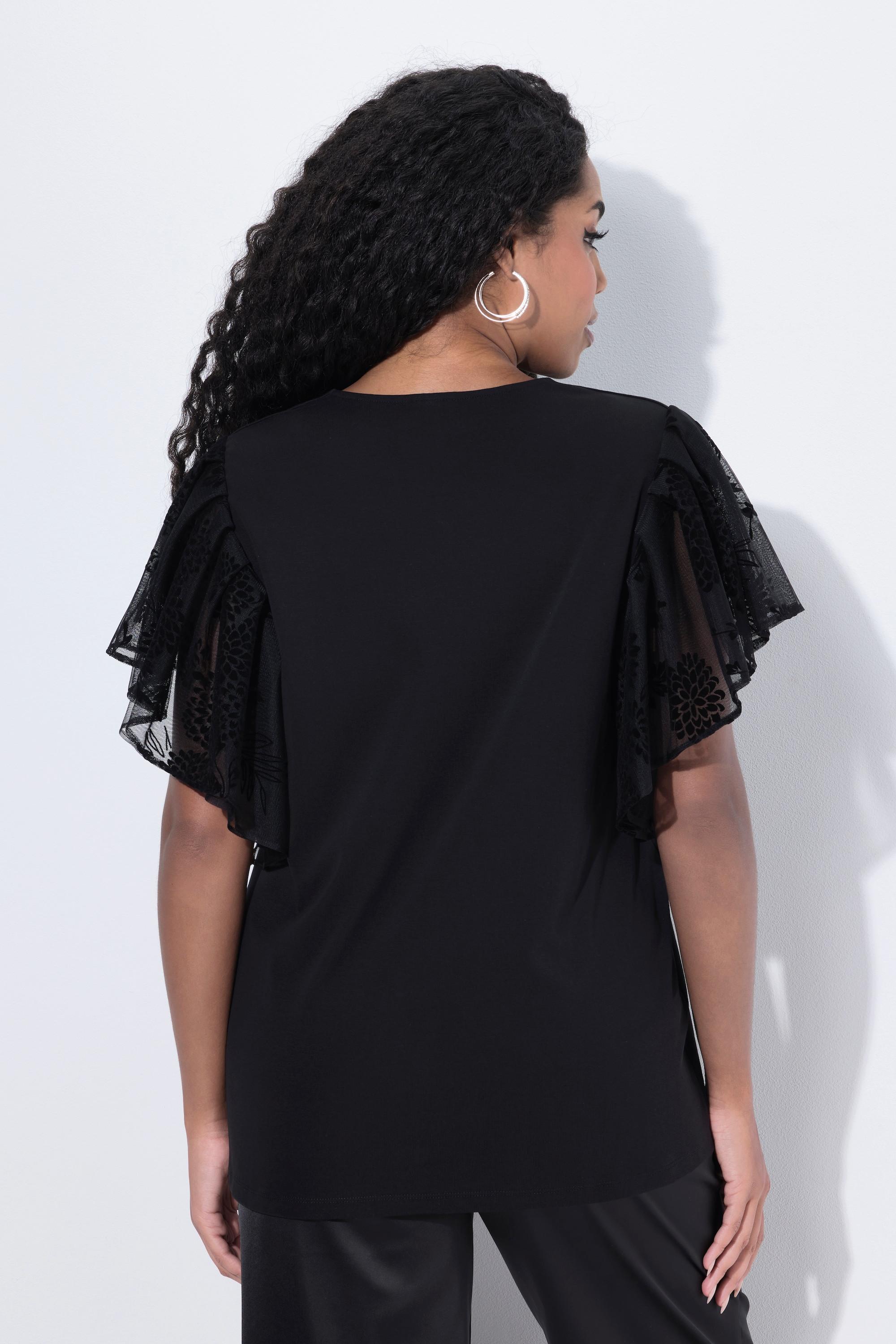 Ulla Popken T-shirt décolleté en V flocage floral manches courtes chauve-souris  