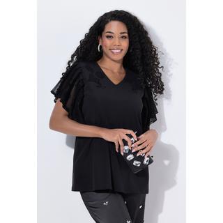 Ulla Popken T-shirt décolleté en V flocage floral manches courtes chauve-souris  