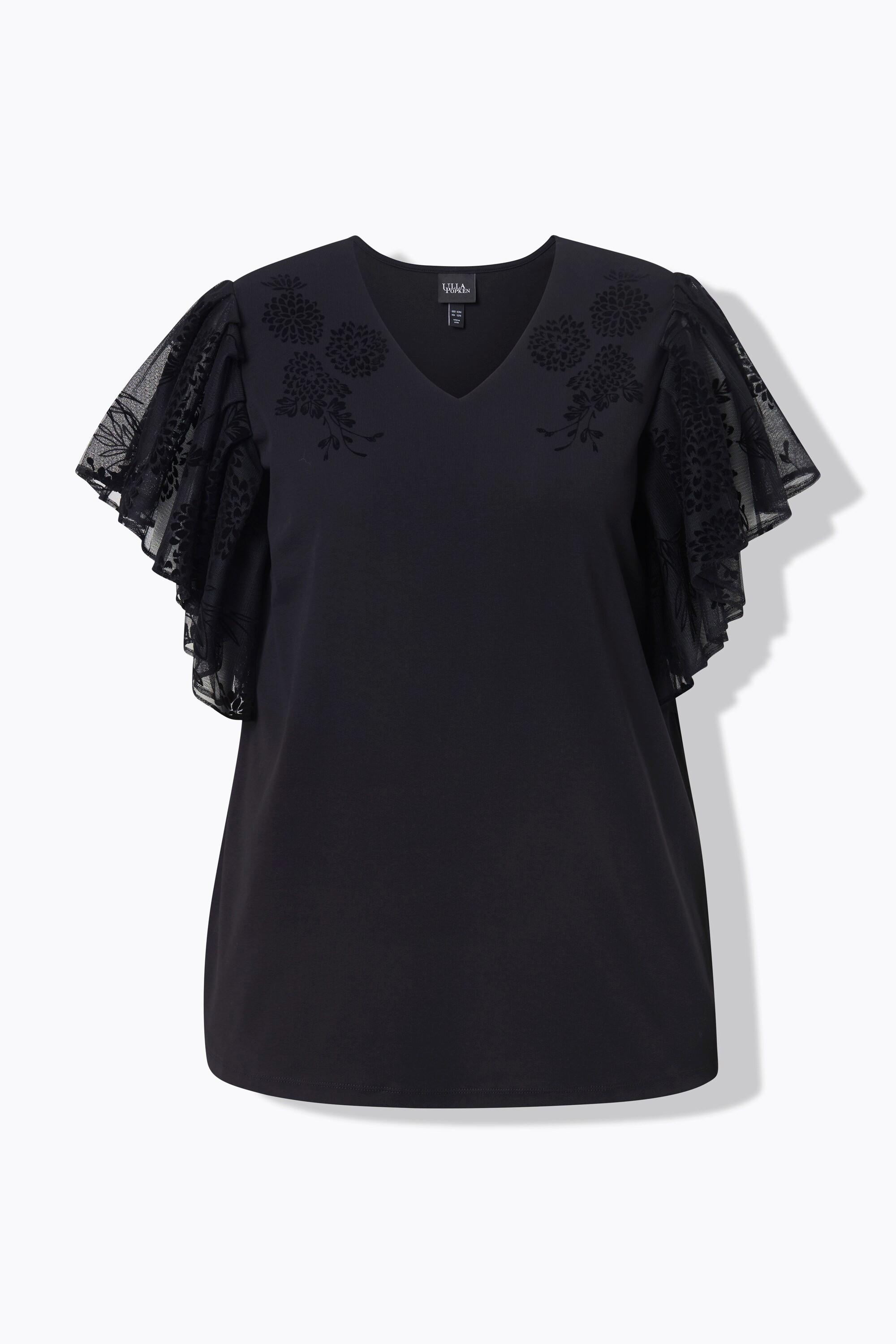 Ulla Popken T-shirt décolleté en V flocage floral manches courtes chauve-souris  