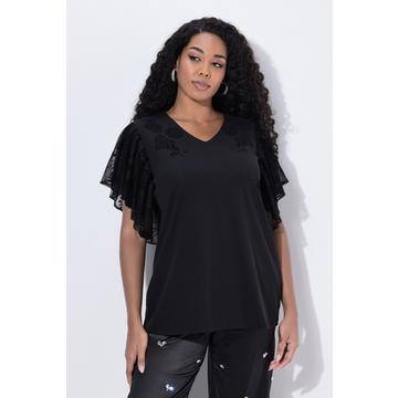 T-shirt con fiori floccati, scollo a V e mezze maniche ad aletta