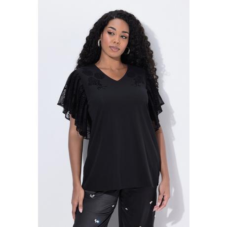 Ulla Popken T-shirt décolleté en V flocage floral manches courtes chauve-souris  