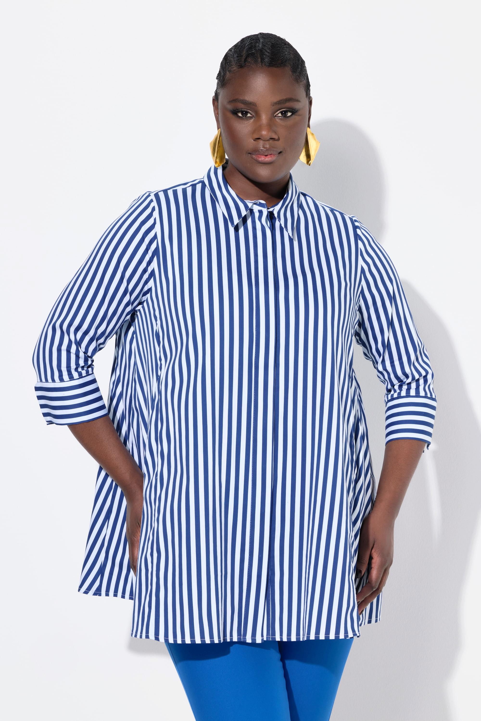 Ulla Popken Gestreifte Godetfalten Bluse mit 3/4-Arm  