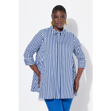 Ulla Popken  Blusa a righe con godet, collo da camicia e maniche a 3/4 