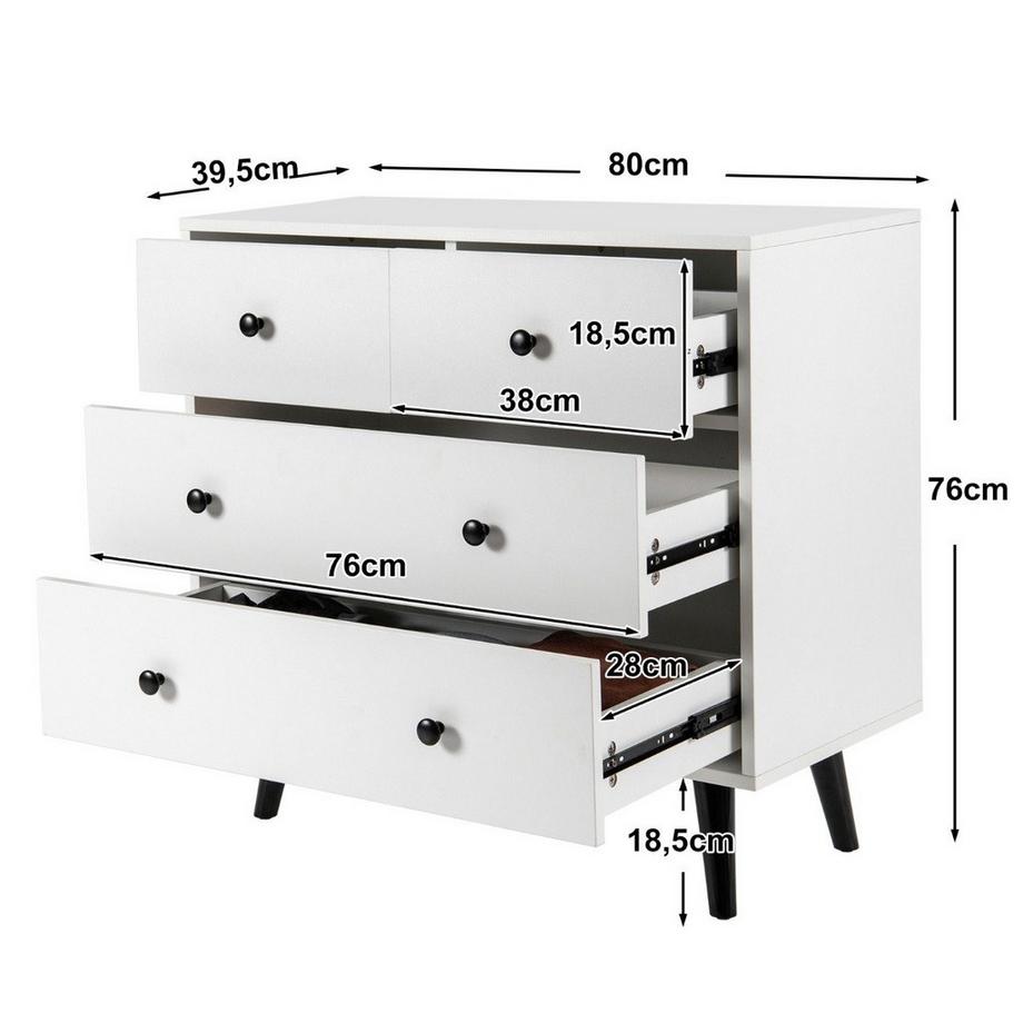 Northix Kommode mit 4 Schubladen Sideboard aus Holz Modern Aufbewahrungsschrank Weiß  