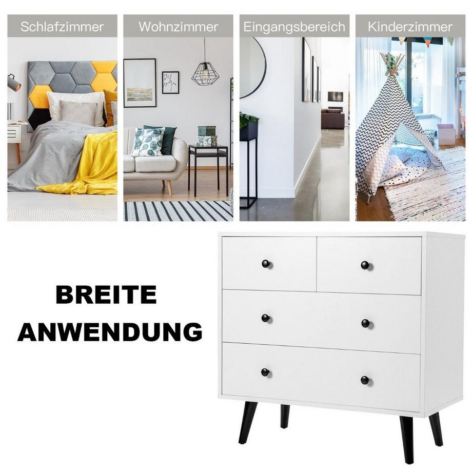 Northix Kommode mit 4 Schubladen Sideboard aus Holz Modern Aufbewahrungsschrank Weiß  