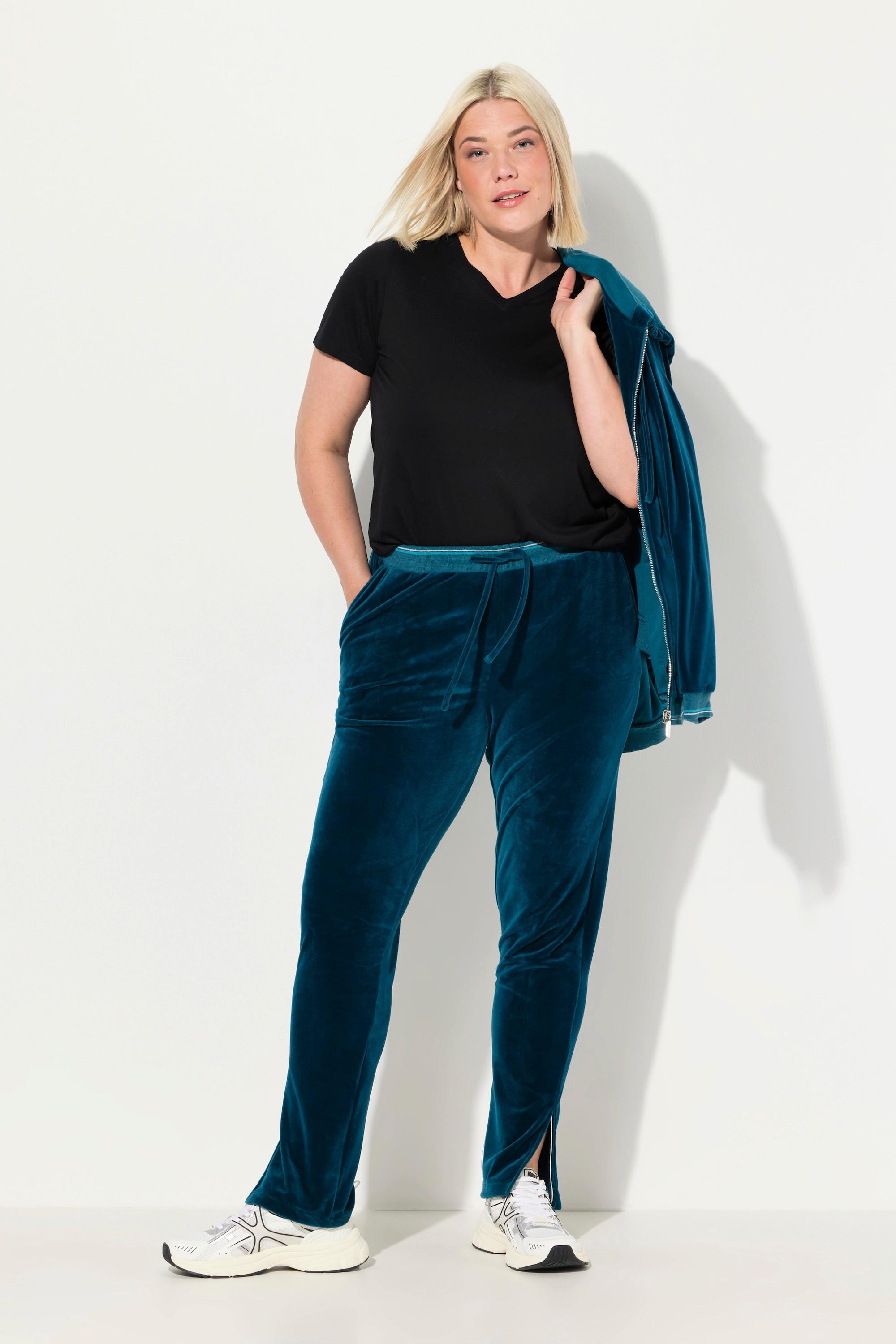 Ulla Popken  Pantalon de jogging en velours, passepoil brillant, taille élastique et poches 