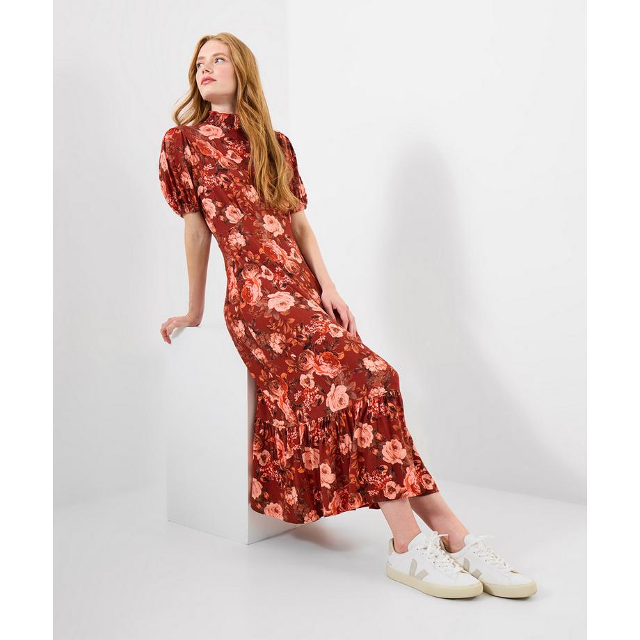 Joe Browns Oversized Vintage Jerseykleid mit Puffärmeln Herbstlichem Muster  