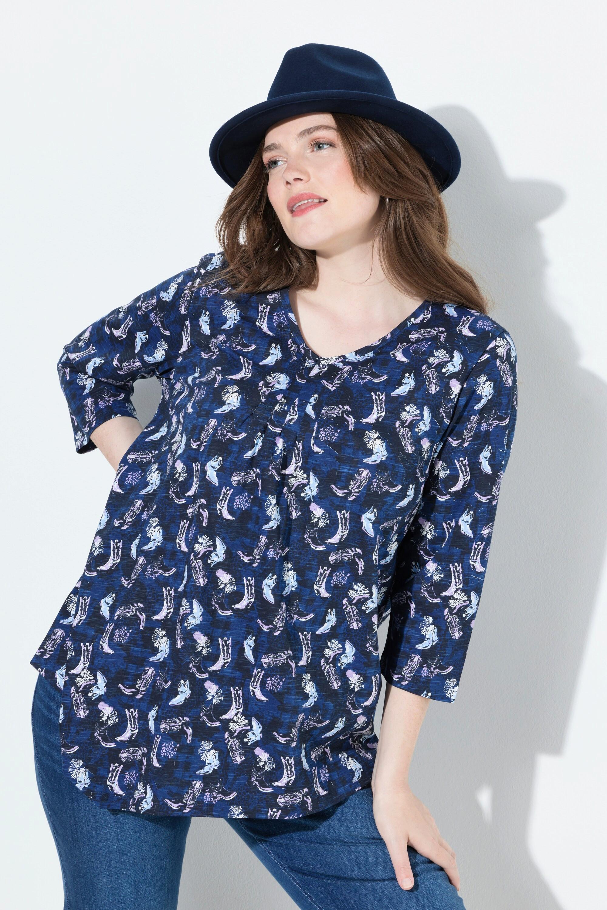 Ulla Popken Blüten Zierfalten A-Linie V-Ausschnitt 3/4 Arm Shirt  