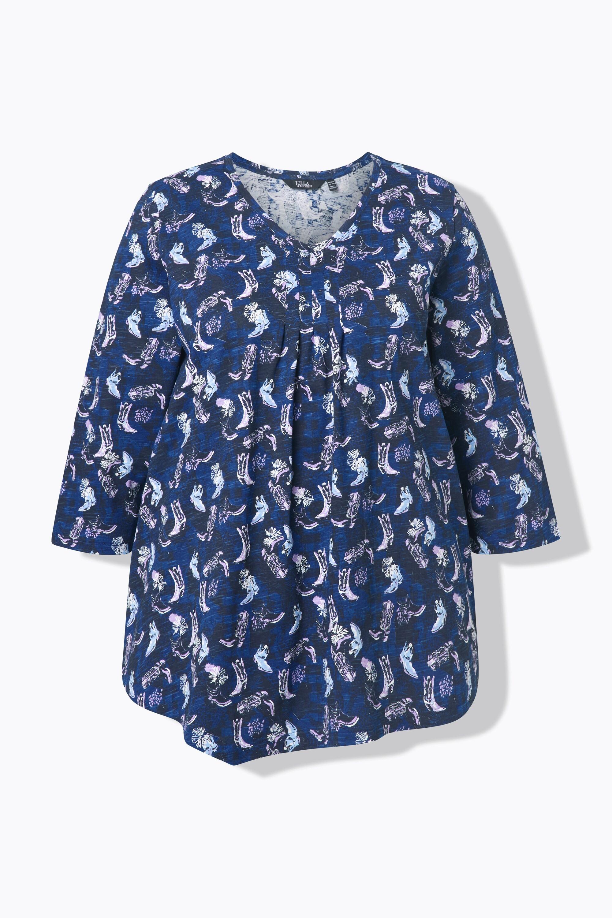 Ulla Popken Blüten Zierfalten A-Linie V-Ausschnitt 3/4 Arm Shirt  