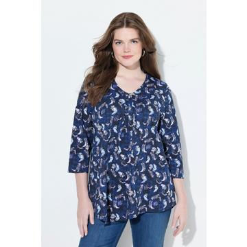 Maglia dal taglio svasato con fiori, pieghe decorative, scollo a V e maniche a 3/4