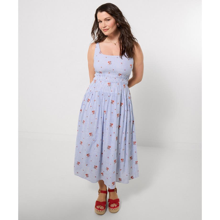Robe Midi Rayée avec Broderie Florale et Taille Élastiquée
