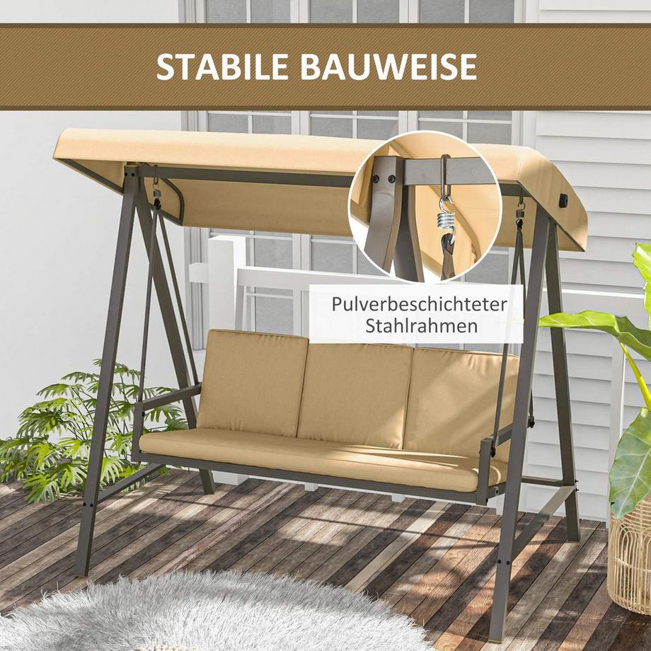 Northio Hollywood Swing Panca A 3 Posti Con Tetto Regolabile, Panca Con Cuscino Per Lo Schienale, Altalena Da Giardino Con Portata Fino A 360 Kg, Beige  