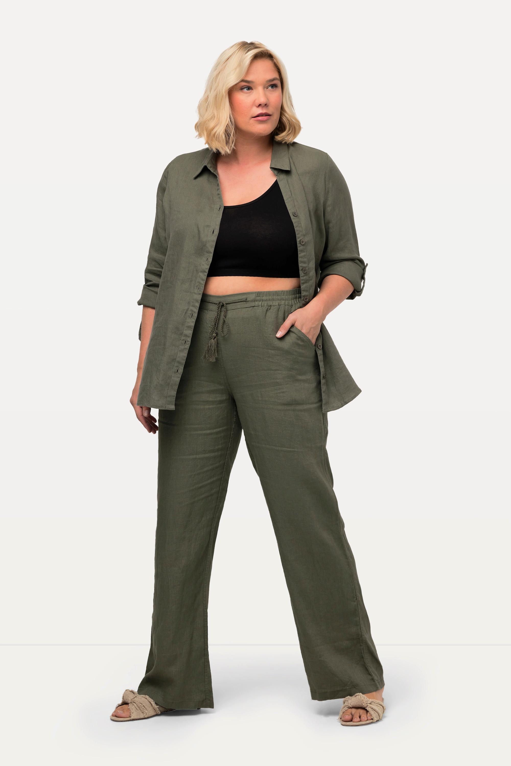 Ulla Popken  Pantalon en lin Mary à taille élastique, jambe droite et large 