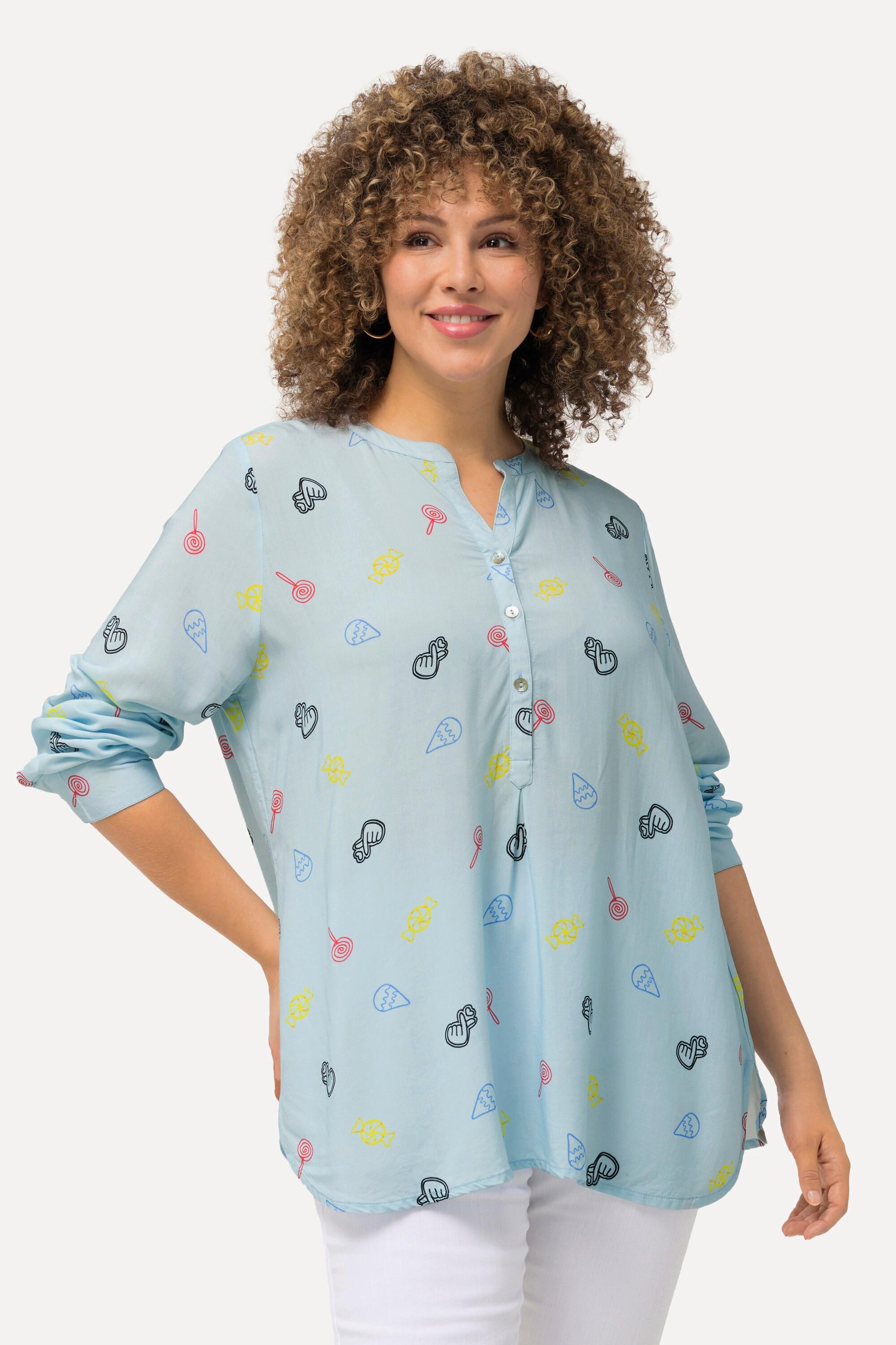 Ulla Popken  Blusa con stampa ispirata ai fumetti, colletto alto, scollo a V e maniche lunghe 