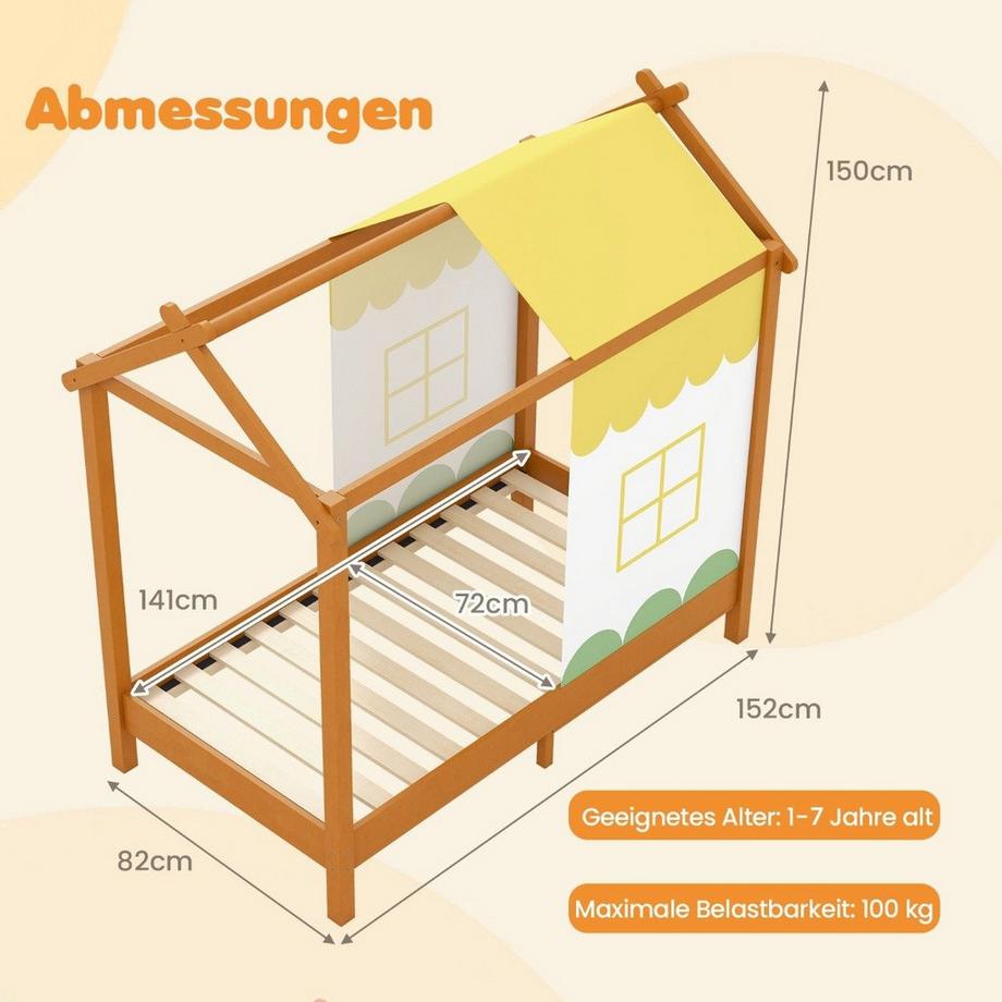 Northix  Kinderhaus-Bett mit Dach & Abnehmbarem Betthimmel & 12 Massivholzlatten Bodenbett Rahmen 
