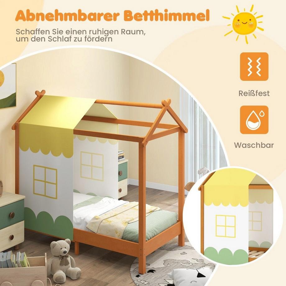 Northix  Kinderhaus-Bett mit Dach & Abnehmbarem Betthimmel & 12 Massivholzlatten Bodenbett Rahmen 