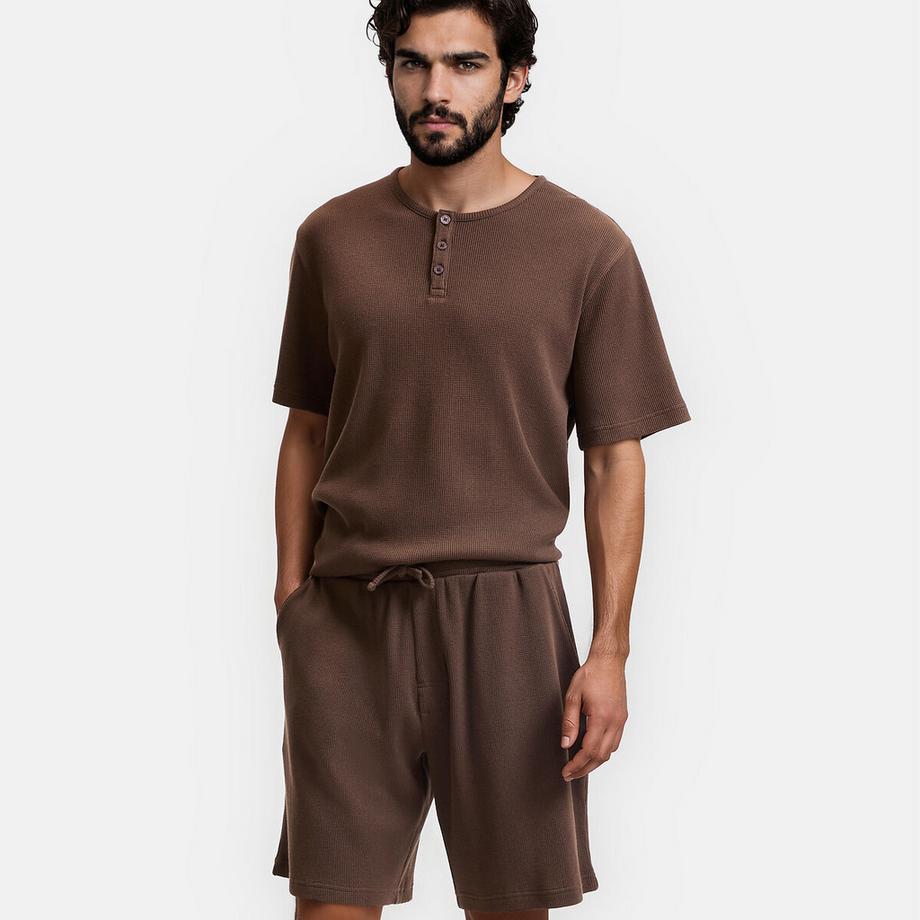 Kurzarm-Pyjama-Set aus Bio-Baumwolle mit T-Shirt mit Henley-Ausschnitt