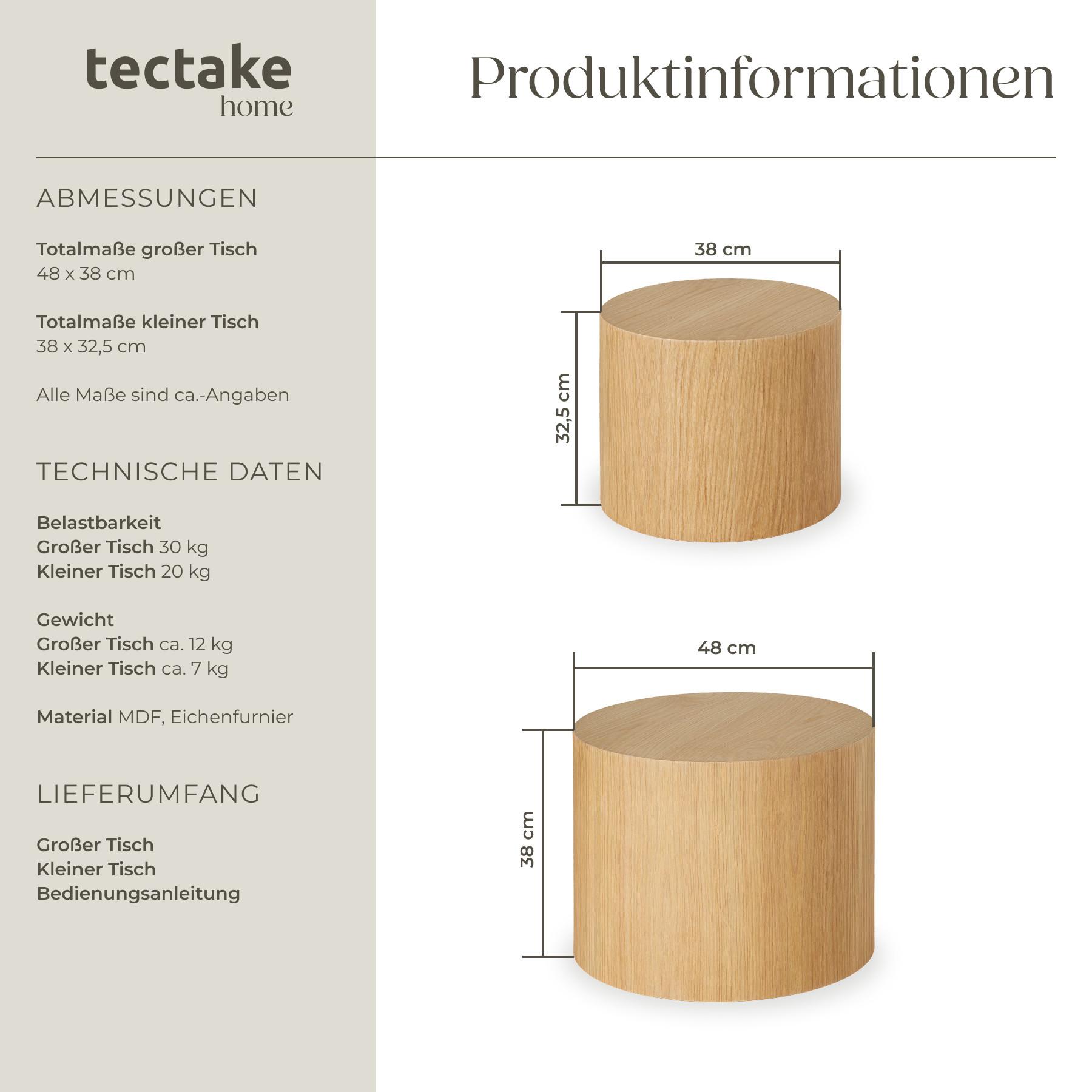 Tectake 2er Set Couchtische Danny rund Eichefurnier  