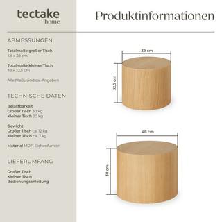 Tectake 2er Set Couchtische Danny rund Eichefurnier  