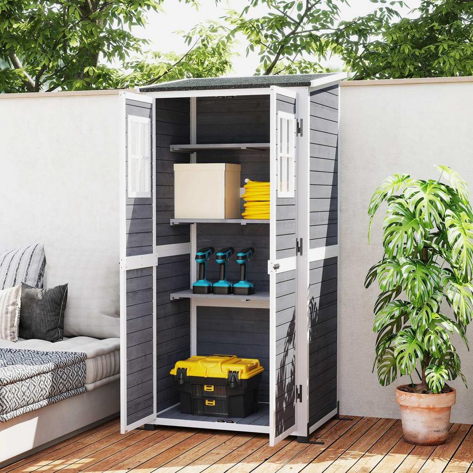 Northio Gartenschrank Holz, Geräteschuppen mit Abschließbar Tür 2 Fenstern Bodenplatte Asphalt-Pultdach Ablage 91x69x192cm, wetterfest Geräteschrank, Gerätehaus für Garten, Terrasse, Hellgrau |  