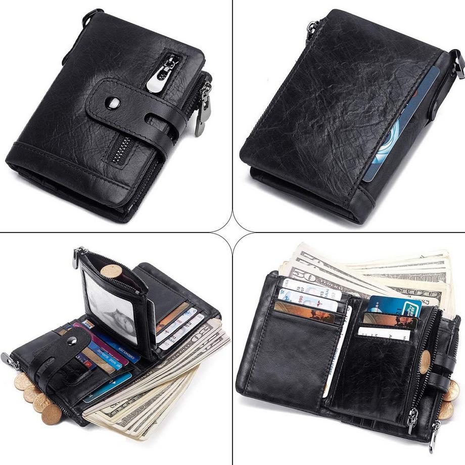 Only-bags.store  Ledergeldbörse mit RFID-Schutz Schlankes Portemonnaie mit Kette Echtes Leder Kleines Portemonnaie 15 Kartenfächer und Münzfach mit Reißverschluss 