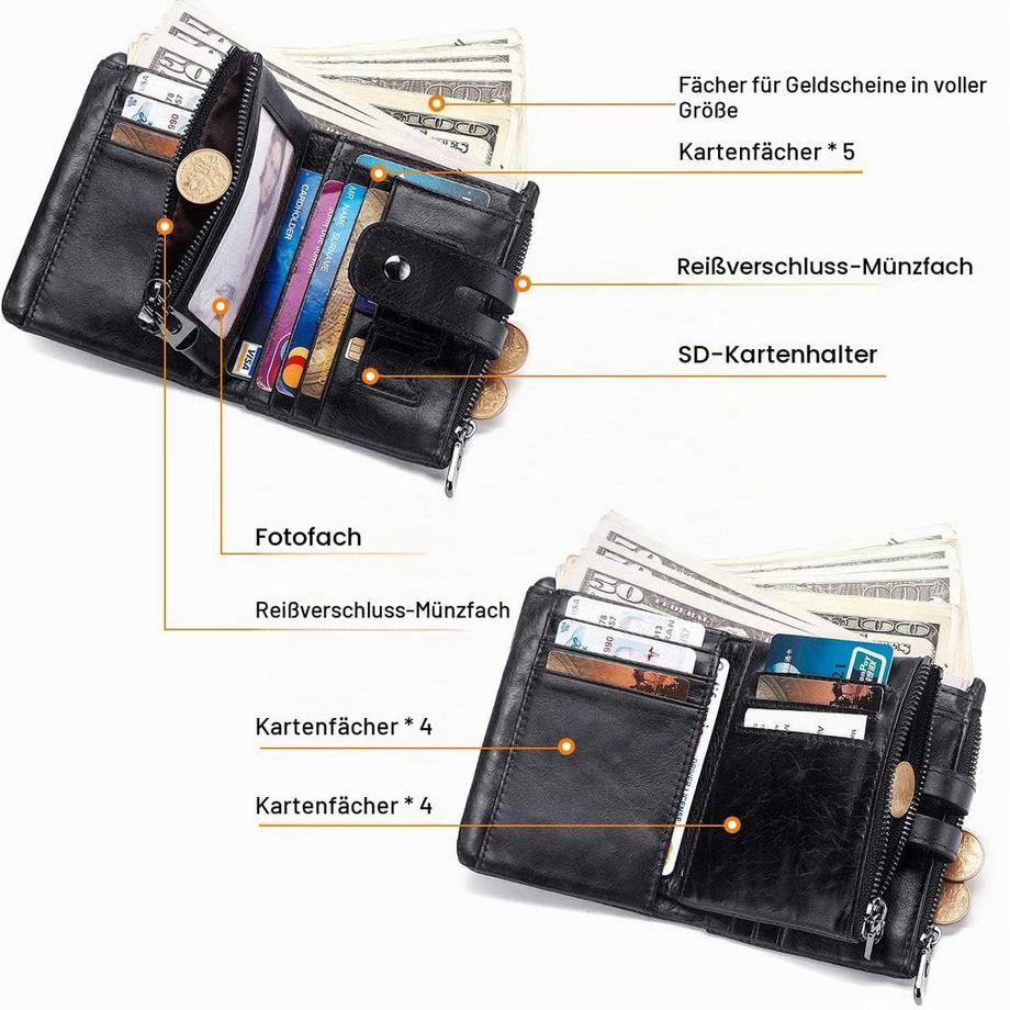 Only-bags.store  Ledergeldbörse mit RFID-Schutz Schlankes Portemonnaie mit Kette Echtes Leder Kleines Portemonnaie 15 Kartenfächer und Münzfach mit Reißverschluss 