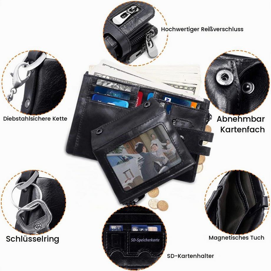 Only-bags.store  Ledergeldbörse mit RFID-Schutz Schlankes Portemonnaie mit Kette Echtes Leder Kleines Portemonnaie 15 Kartenfächer und Münzfach mit Reißverschluss 