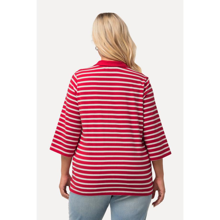 Ulla Popken Ringel V-Ausschnitt 3/4 Arm Poloshirt  